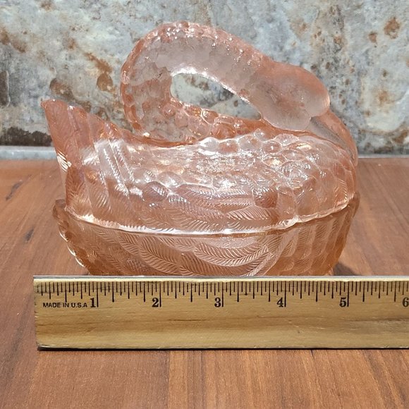 VTG Pink Glass Nesting Swan Covered Trinket Oval Candy Dish Peach Translucent - Picture 11 of 15